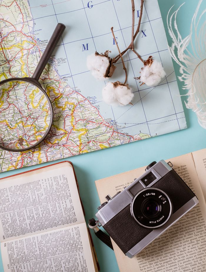 Flat lay of a camera, map, and magnifying glass with cotton sprigs for travel planning.