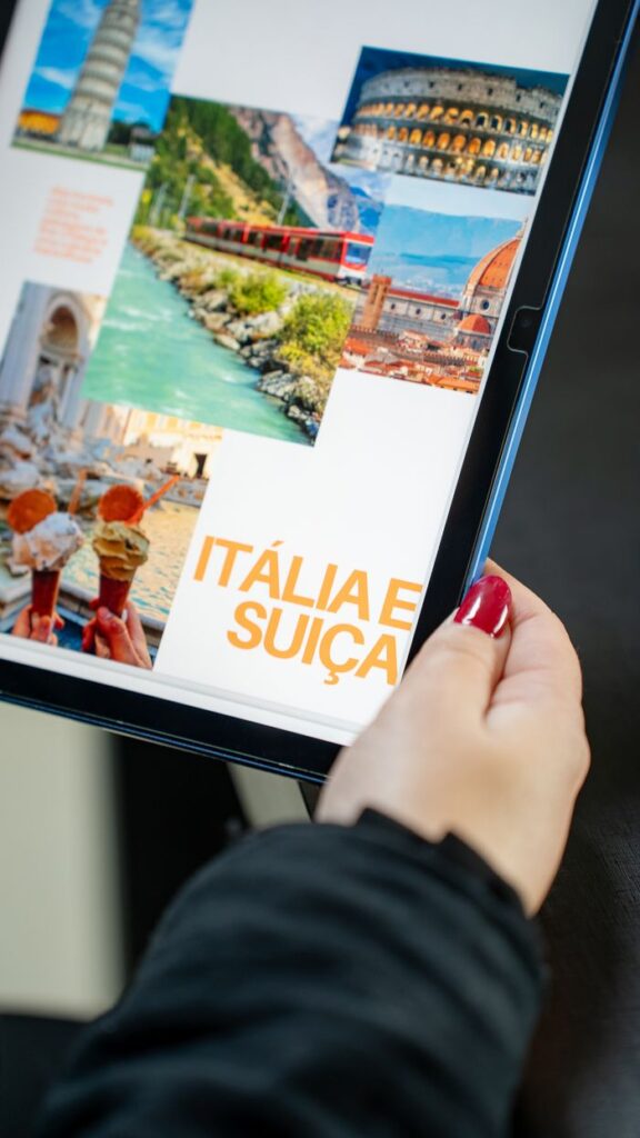 Person browsing Italy and Switzerland travel photos on a tablet.